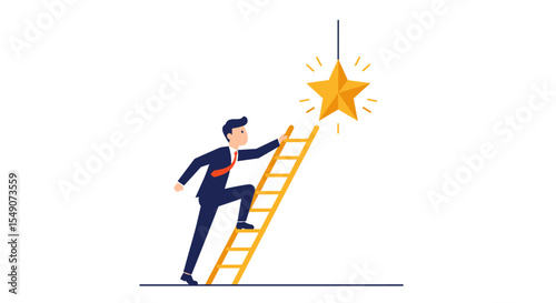 Ambitious businessman reaching for star on ladder - success and goal achievement illustration vector illustration