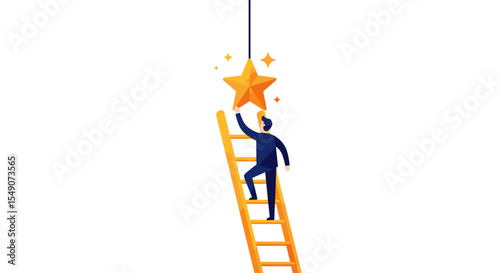 Achievement and success: man reaching for star on ladder vector illustration
