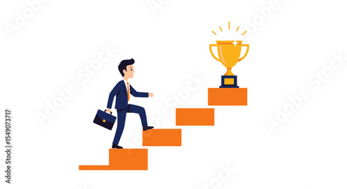 Business success concept with professional climbing steps towards trophy for achievement and motivation vector illustration