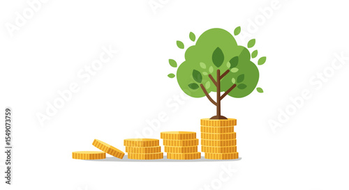 Financial growth concept illustrated with stacked coins and growing tree for investment and wealth design vector illustration
