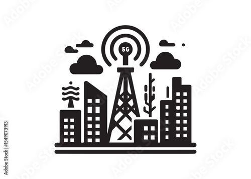 5G signal tower Silhouette Vector Illustration