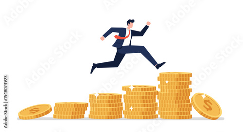 Business growth and financial success concept with businessman climbing coin stacks for economic achievement illustration vector illustration