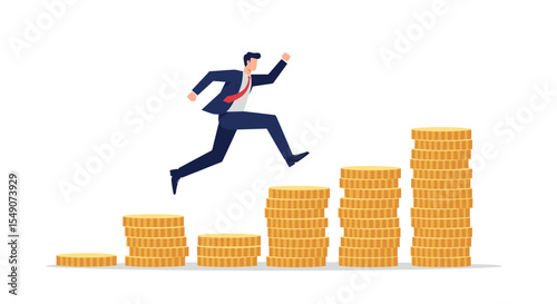 Business growth concept with man jumping over stacked coins for financial success vector illustration
