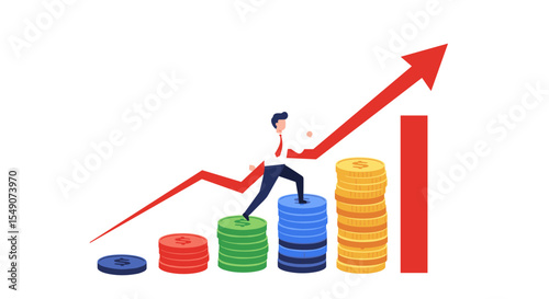Business growth strategy concept with man climbing increasing coin stacks and upward arrow vector illustration