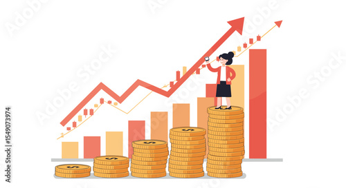 Business growth and success concept with coins and rising graph vector illustration