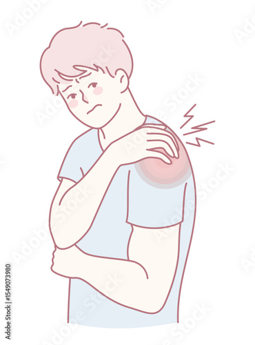 A straightforward illustration that depicts a young adult who is experiencing discomfort and pain in their shoulder