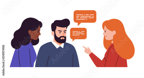 Business discussion with three colleagues using speech bubbles - vector illustration for communication concepts