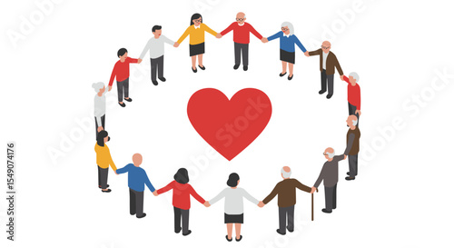 Unity and love concept: seniors holding hands in heart shape circle illustration vector illustration
