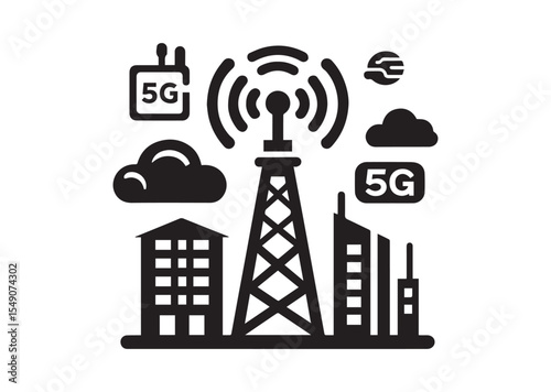 5G signal tower Silhouette Vector Illustration