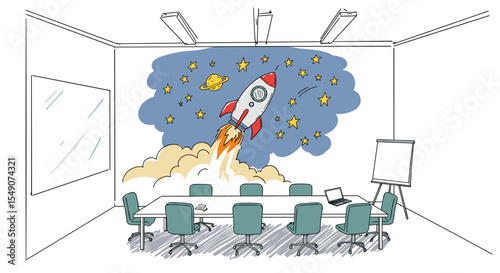 Creative office space with rocket launching mural for innovation and team meetings vector illustration