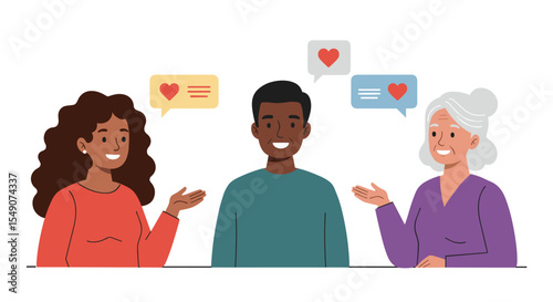 Diverse group chatting with heart symbols for social connection and communication illustration vector illustration