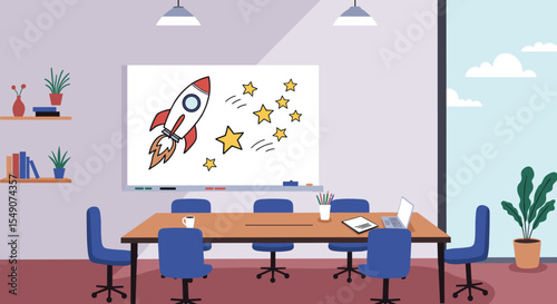 Creative office space with rocket drawing on whiteboard for inspirational design and meetings vector illustration