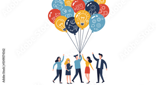 Teamwork and innovation concept with diverse group holding balloons representing ideas and technology vector illustration