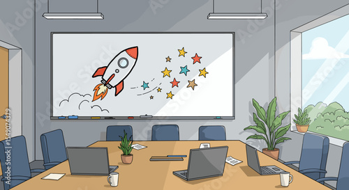 Creative office meeting room with rocket drawing on whiteboard for innovative projects vector illustration