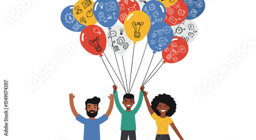 Creative teamwork and innovation concept with diverse people holding idea balloons vector illustration