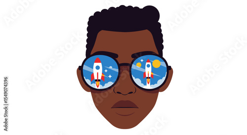 Visionary reflection with rocket launch in sunglasses for futuristic design and inspiration vector illustration