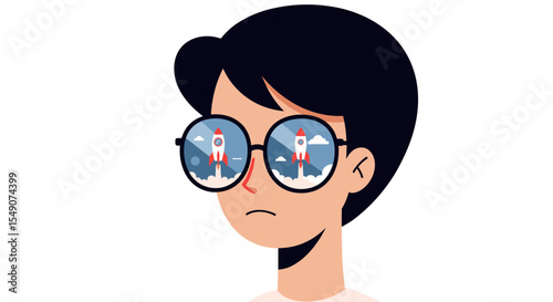 Vision of innovation and future ambitions with rocket reflection in glasses vector illustration