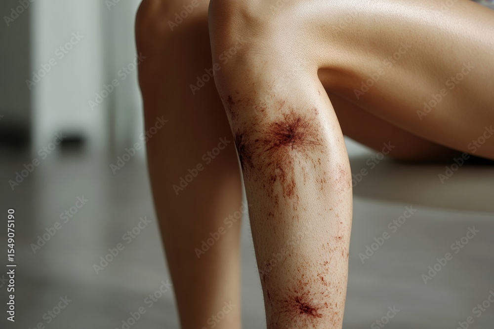 Naklejka premium Close-up of bruised leg, contusion on an Asian young womans knee from a fall, healing injury being massaged for hematoma treatment, Generative AI