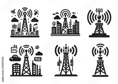 5G signal tower Silhouette Vector Set