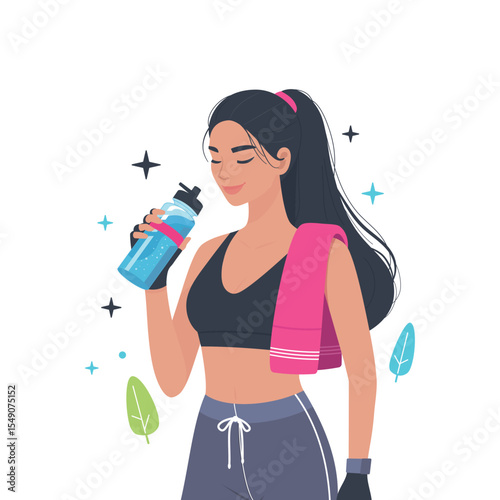Active Woman Drinking Water After Exercise With Towel Over Shoulder