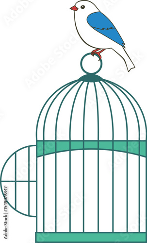 Bird Perched on a Cage minimalist vector art. 