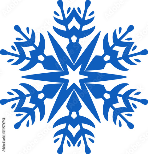 Stylized blue snowflake resting on a crisp white background, evoking feelings of Christmas, winter holidays, and the beauty of ice and snow during the chilly season