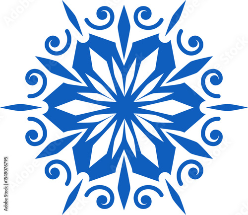Stylized blue snowflake featuring intricate swirls and sharp edges, evoking a magical winter atmosphere perfect for enhancing festive designs and holiday decorations