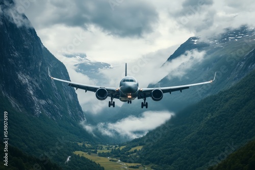 A passenger airplane flies low through a dramatic mountain range, showcasing its approach to landing amidst towering peaks and valleys under a cloudy sky