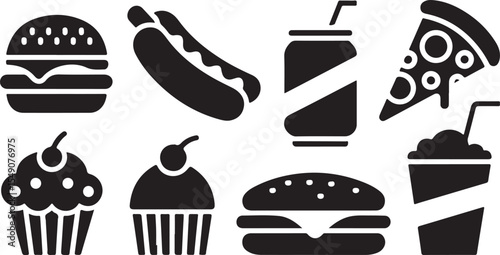 Minimal fast food glyph icon pack with drink and snack elements