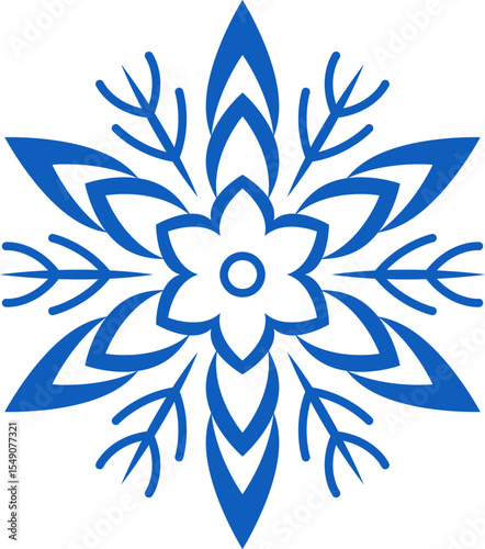 Stylized blue snowflake featuring intricate floral patterns evokes a festive winter atmosphere, enhancing Christmas and holiday decorations with its elegant and decorative design