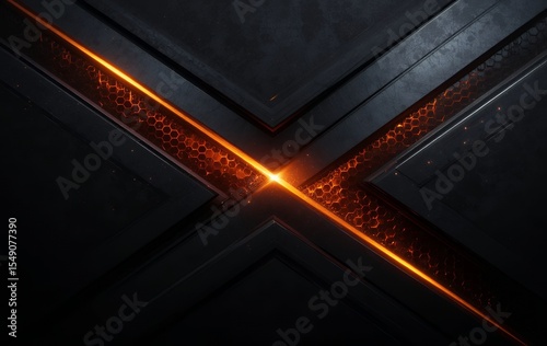 Futuristic dark metallic intersecting lines with glowing orange light effect highlighting center intersection