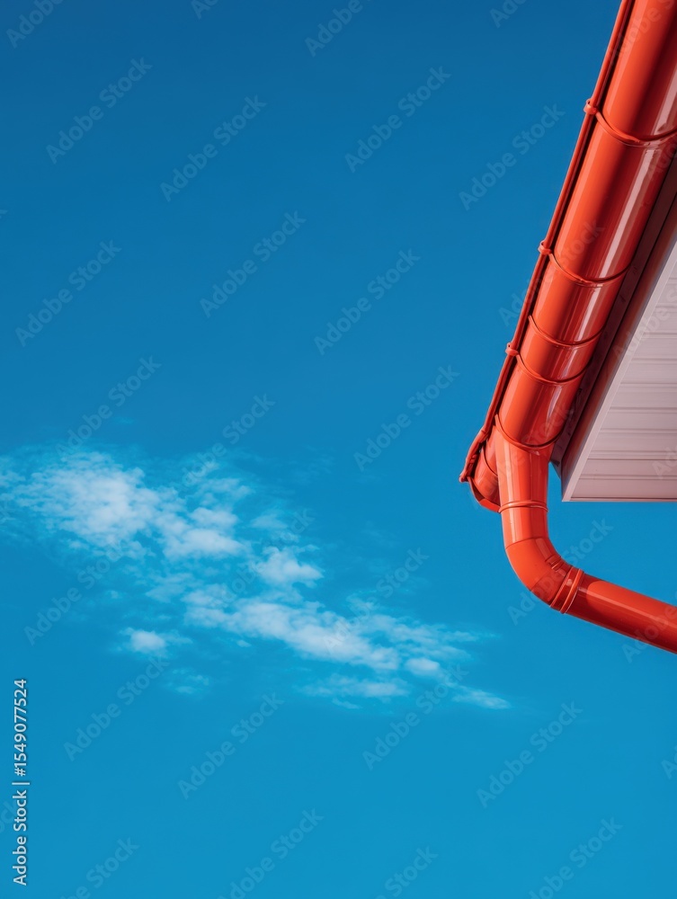 Close-up of bright red rain gutter and downspout against a clear blue sky with a few clouds Close-up of bright red rain gutter and downspout against a clear blue sky with a few clouds