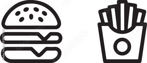 Simple outlined burger and fries icons for restaurant or menu design