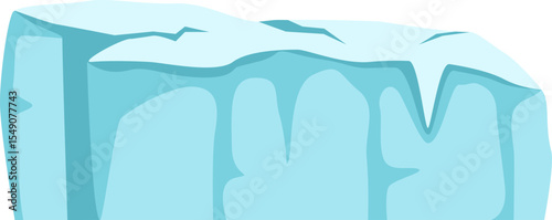 Cartoon illustration of a melting ice cube with snow on top dripping water drops isolated on white background, suitable for educational materials, games, and animations