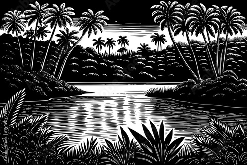 Tropical lake framed by palm trees and vibrant jungle foliage under a bright sky, a black and white sketch vector