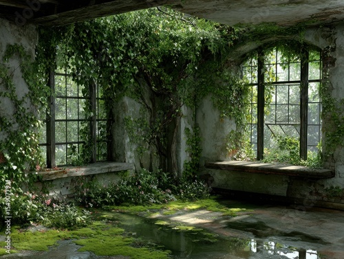 Abandoned room overgrown with lush vegetation