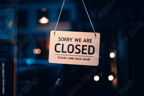 sorry we are closed sign hanging outside a restaurant, store, office or other. Closed sign in a shop showroom with reflections bokeh. 
