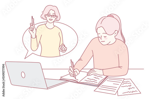A dedicated student is intensely focused on efficiently writing notes while attending a virtual class via her laptop