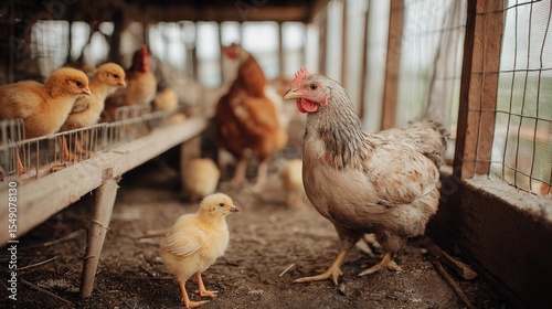 Close-up of adult hen and newly hatched chicks inside a rustic chicken coop