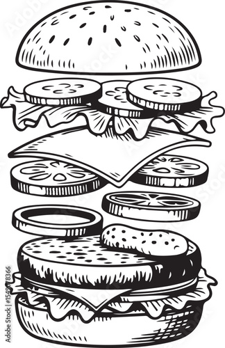 Double burger exploded sketch with detailed toppings and bun layers