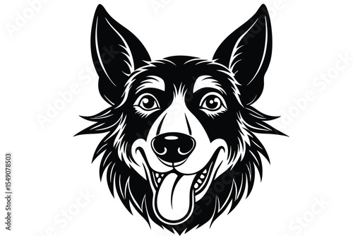 Black and white depicts a smiling dog head with tongue visible