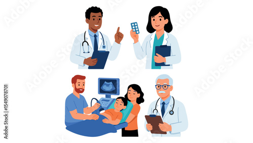 Medical Illustration Doctors, Clinic, Hospital, Ultrasound, Medicine, and Patient Care Concept for Healthcare, Diagnosis, and Treatment Designs