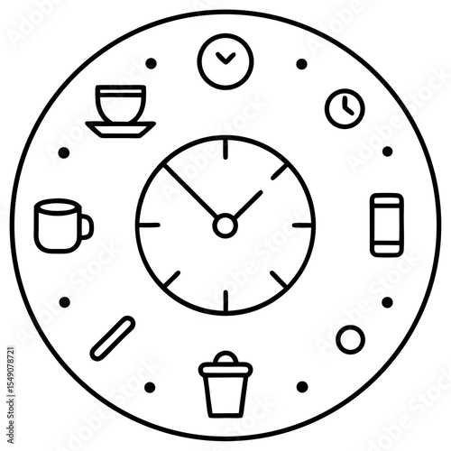 Flat vector of an analog clock where each hour mark is replaced with daily routine icons (like coffee, laptop, workout, email, sleep), minimal style.