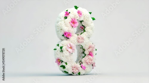 Floral number eight decoration featuring white and pink flowers with green leaves and blossoms on light background showcasing elegant floral design and natural beauty in soft style