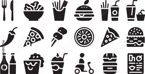 Bold vector glyph icons for fast food, wraps, and takeaway services