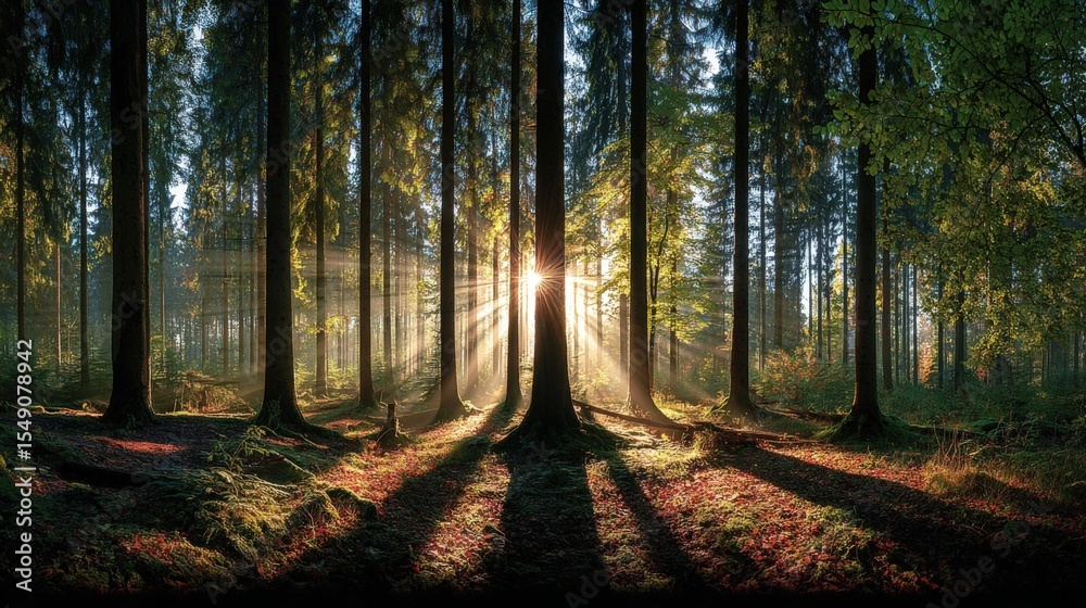 Obraz premium Sunlight Streaming Through Tall Forest Trees with Shadow Patterns and Green Canopy