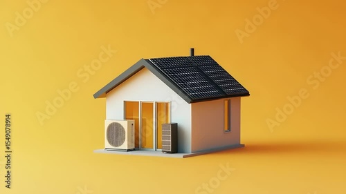 Modern house model showcasing solar panels and air conditioning against a vibrant background