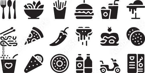 Black food icons with soda, burger, fries, and delivery glyphs
