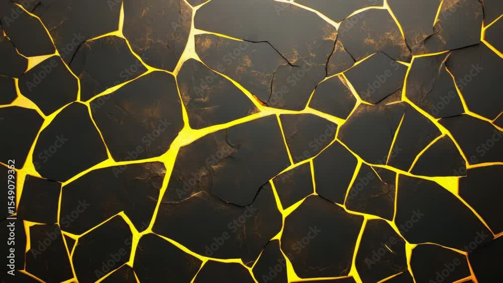 Cracked surface with black texture and glowing light shining through illuminated cracks and fissure, creating rough texture and irregular shape in abstract background with dark pattern and yellow glow