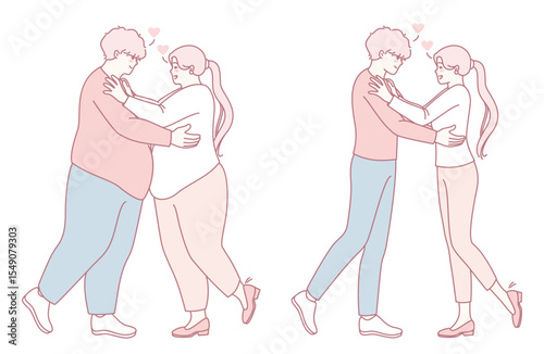 A warm illustration showcasing couples in love, celebrating diverse body types and embracing affection.